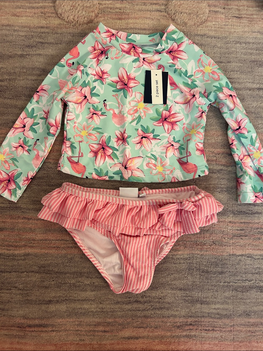 crown & ivy Mint Floral Rash Guard with Pink Striped Ruffle Bottom
